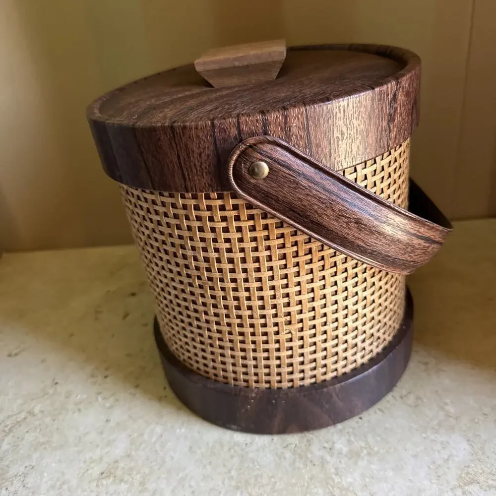 Mid Century Modern MCM Faux Wood Grain & Basket Weave Ice Bucket Bar